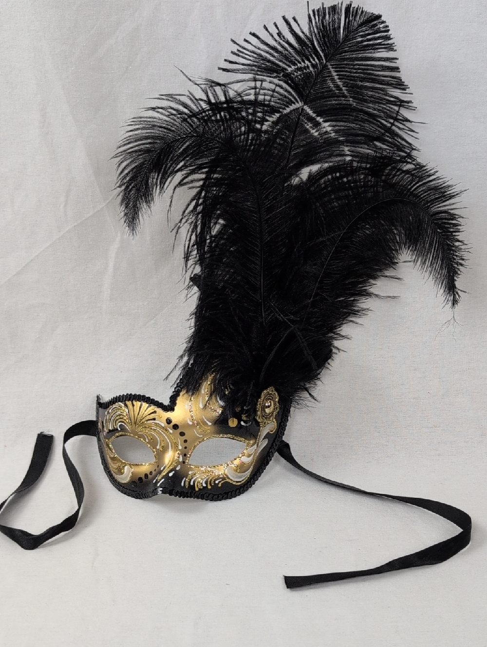 VENETIAN Gold and Black Feathered Masquerade Mask